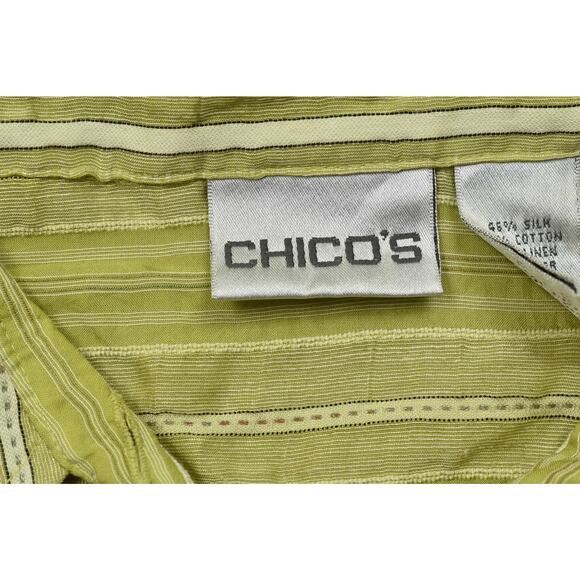 Chico's Women's Size 2 Green Striped Silk Cotton Blend Button Down - Picture 7 of 8